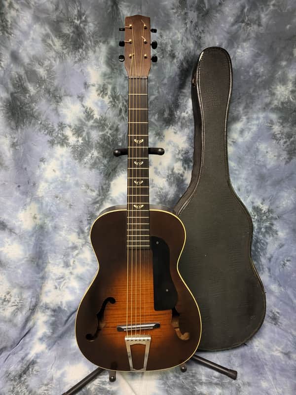 1936 Vintage Prewar Supertone by Harmony F Hole Parlor Guitar All Original Neck Reset Pro Setup Original Soft Shell Case image 1