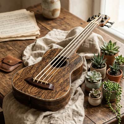 Fretless Ukulele Bass 4 String Zebrawood/Bocote Style Body, Mahogany Neck, Rosewood Fingerboard & Bridge, Aquila Strings, Sealed Tuners, Deep Warm Tone Travel Acoustic Bass image 7