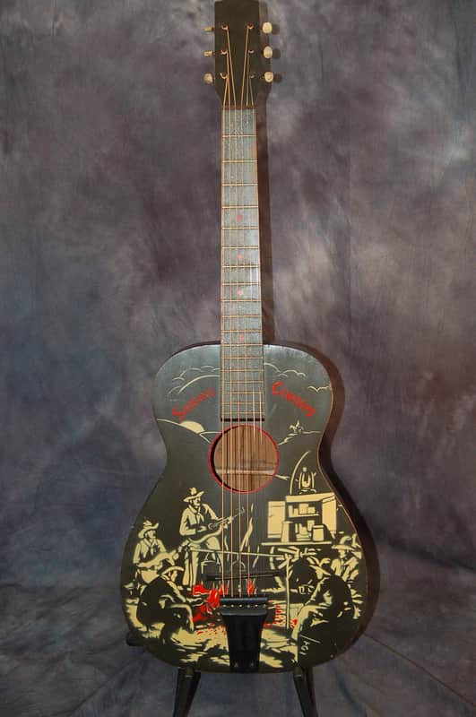 Vintage RARE Supertone sold by Sear Singing Cowboys Scene Guitar 1942 Original Case image 1