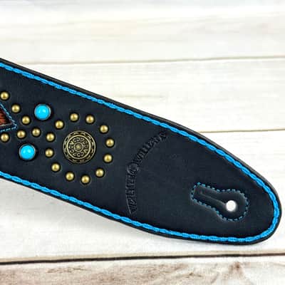 Walker & Williams GTR-20-BLU Sedona Special Turquoise Blue On Black Padded Strap With Brass Studs & Rivets For Acoustic Electric And Bass Guitars image 8