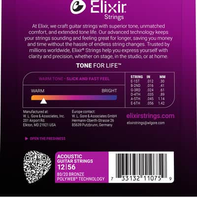 Elixir Polyweb Coated 80/20 Bronze Acoustic Guitar Strings 11075 Light Medium 12-56 image 2