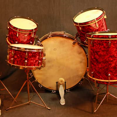 Slingerland*RED MARINE PEARL*28,13,14,16 Drum Set+Radio King Snare WW2 Wood Hoop image 1