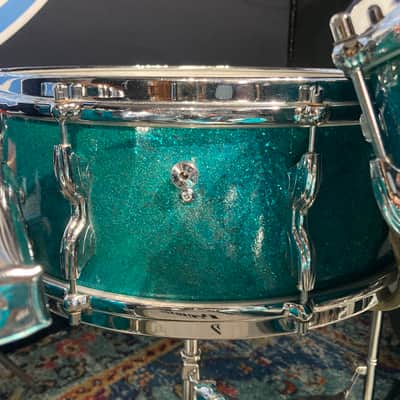 Premier 4-Piece Drum Set, 22", 16", 12" and 14x5.5" Matching Snare Drum, Hardware and Cases, All Original!! 1966 - Aquamarine Sparkle image 12