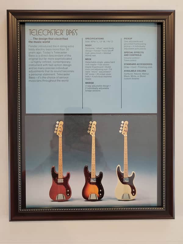 1975 Fender Guitars Dealer Color Promotional Ad Framed Fender Telecaster Bass Original image 1