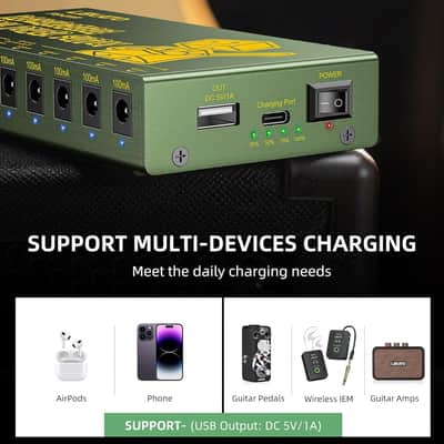 LEKATO PS-01R Built-in 10000mAh Rechargeable Battery Guitar Pedal Power Supply, 10 Isolated DC Outputs, 9V 300mA, 100mA Effect Pedal Boards Power Supply, 5V/1A USB Port, Short Circuit Protection image 5