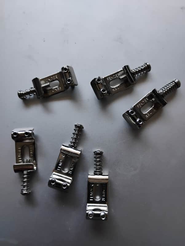 Fender Stratocaster reissue bridge / trem saddles -- say 'Fender Fender' parts for luthier project rebuild restoration build restore image 1