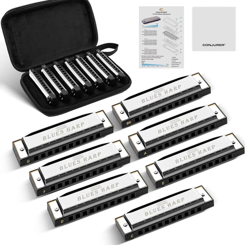 Blues Harmonica Set of 7 – 10-Hole Diatonic Mouth Organ with Case, Beginner-Friendly Silver Blues Harp Kit image 1