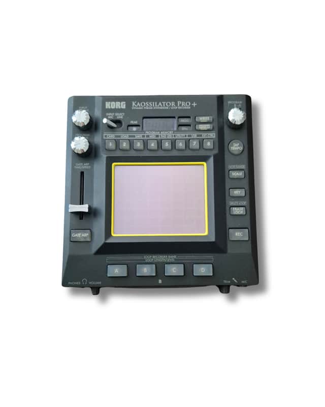 Black Korg Kaossilator Pro+ synthesizer with digital display and controls.