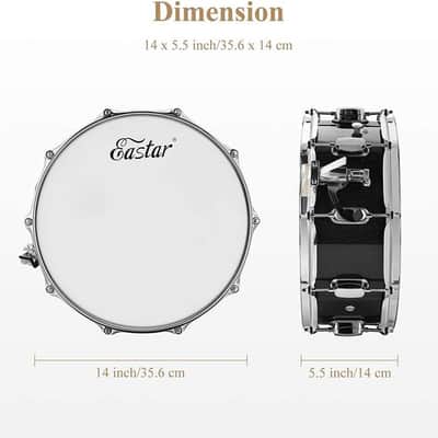 14"X 5.5" Snare Drum Set Kit Drum Sticks, Snare Drum Stand, Mute Pad, Snare Drum Gig Bag Black image 2