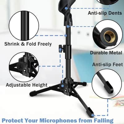Desktop Mic Stand Portable Foldable Tripod with Mic Clip Holder and 5/8" Male to 3/8" Female Screw Adjustable Microphone Stand. image 3