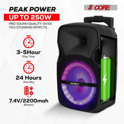 5 Core Party Speaker Bluetooth 250W Big Powered Rechargeable Outdoor PA DJ System w 2 Wireless Mics image 3
