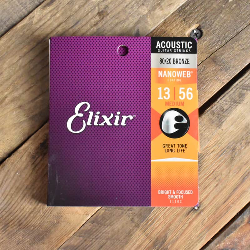 Elixir 11102 Nanoweb Coated 80/20 Bronze Acoustic Guitar Strings Medium 13-56 image 1
