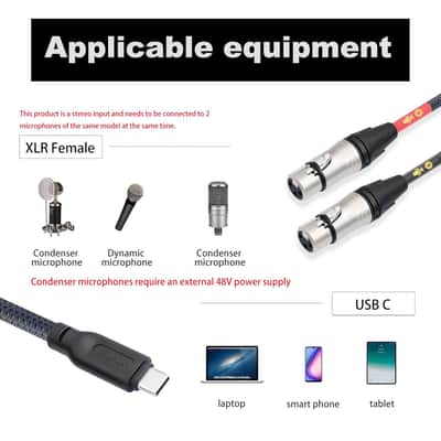 Hualue 10Ft Dual Xlr To Usb C Stereo Microphone Cable, Smartphone Recording Cable, Dual Channel Stereo Input For Iphone 15 Ipad Dynamic Condenser Microphone image 2