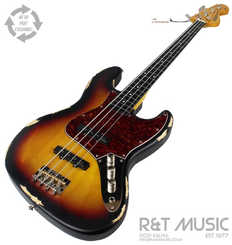 Vintage V74 Icon Fretless Bass Guitar in Distressed Sunset Sunburst w/Upgraded Pickguard image 1