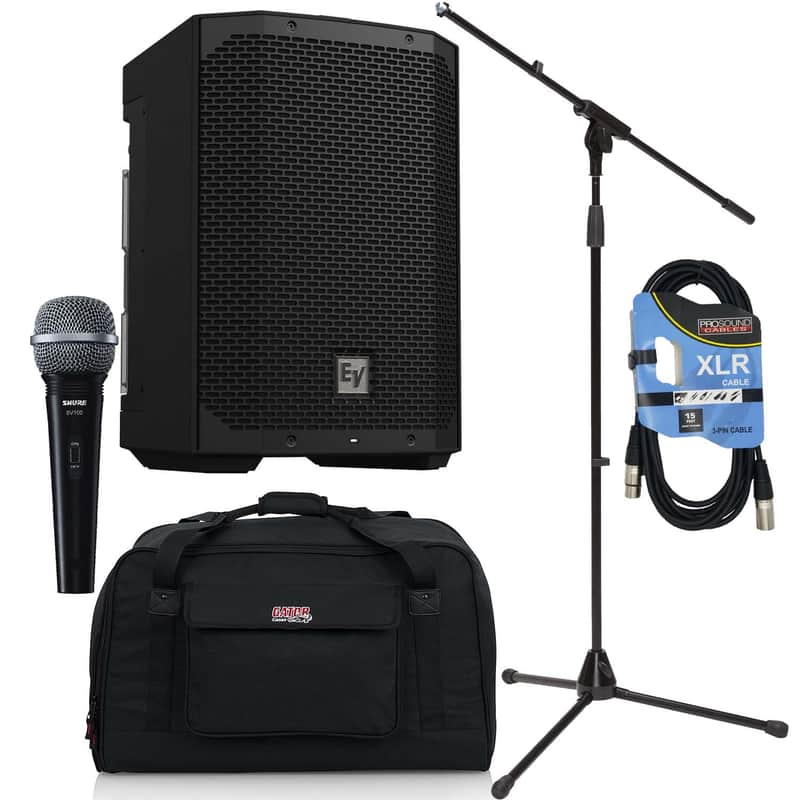 Electro-Voice Everse 8 Battery Speaker, Mic Stand, Shure SV100, XLR Cable, Gator TOTE12 Bundle image 1
