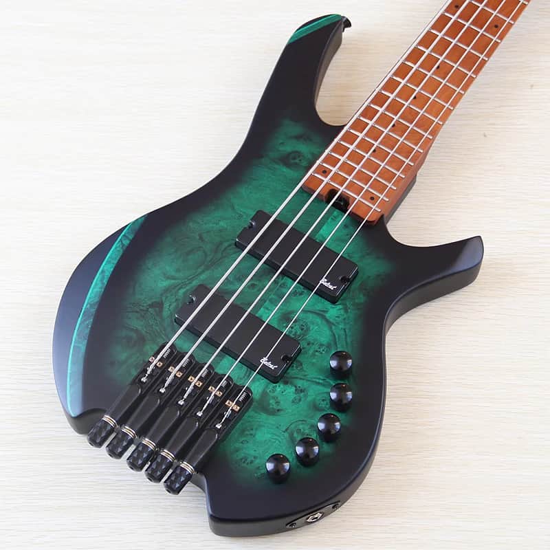 Custom Green 5 String Headless Bass, Burl Wood Top Body, Basswood Body, Maple Neck, 24 Frets Fingerboard image 1