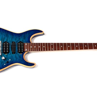 Blem Bootlegger Guitar Royal HHH, Floyd Rose Double Locking Tremolo  Blue Clear Quilted Maple finish, Stiletto Hard Case image 5