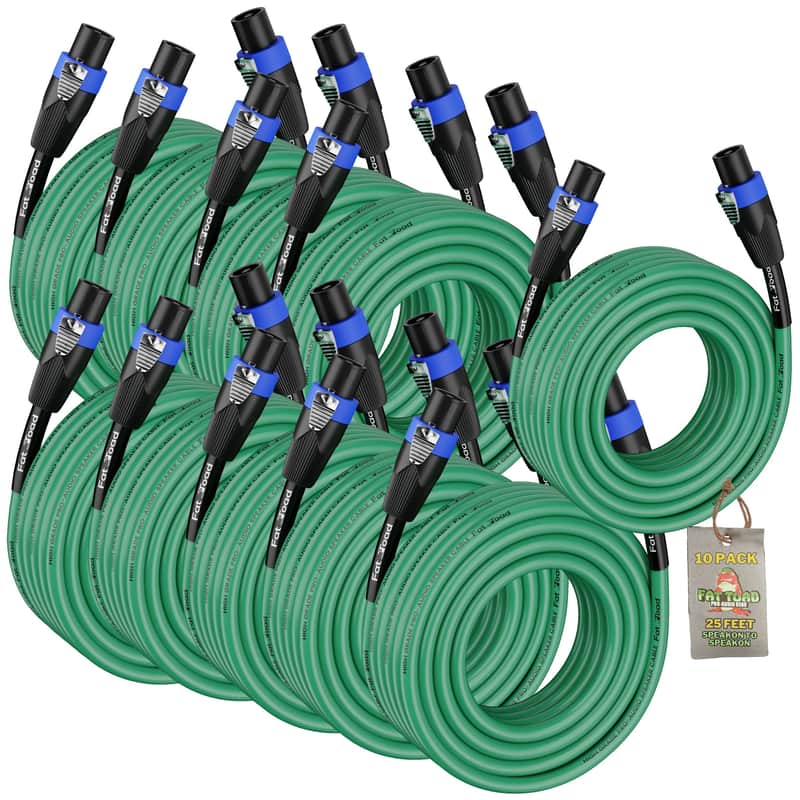 FAT TOAD Speakon to Speakon Speaker Cables (10-Pack) | 25ft DJ Pro Audio Green PA Cords with Twist Lock Connector | 12 AWG Wire for Studio Recording & Stage Gear image 1