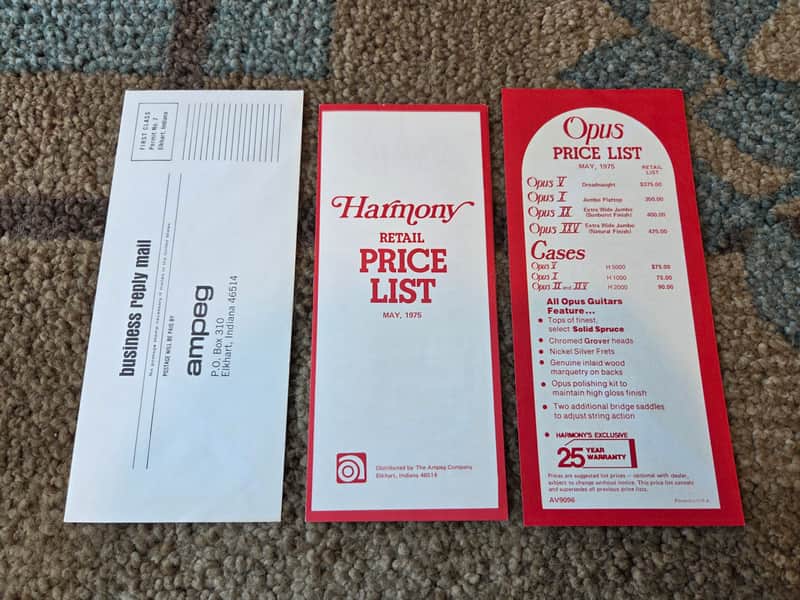 Vintage 1975 Harmony Instrument Price List w/ Opus Price List and Ampeg Reply Envelope! Rare, Original Case Candy, Paperwork! image 1