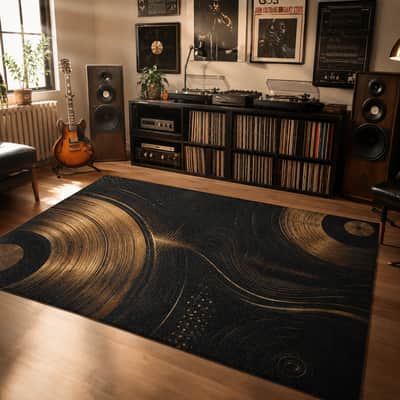 Black Gold Audiophile Area Rug Vintage Vinyl DJ Producer Studio Floor Rug image 2