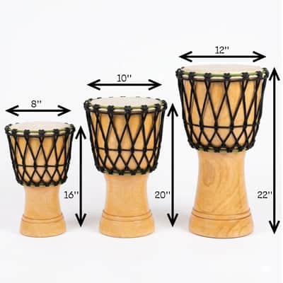 Zaza Percussion Beginner Rope-Tuned Djembe Drum – Natural Wood Finish, 3 Size Options-20" height × 10" head image 2