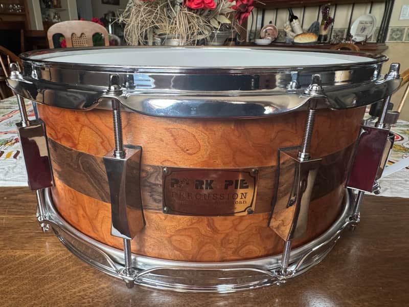 ~NEW!~ Pork Pie Decaf Macchiato Maple 6.5x14 Snare Drum in Satin Burled Walnut with Sapele Stripe image 1