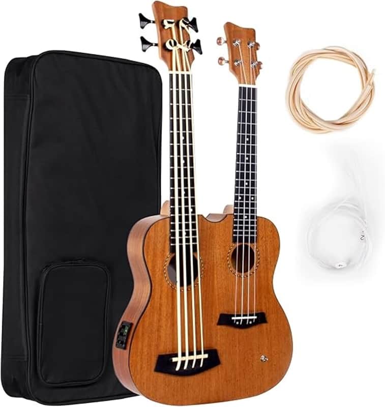 28 Inch Double Necks Ukelele Custom-made Headstock Full Mahogany 4 Strings Uke & 4 String Bass with Gig Bag image 1
