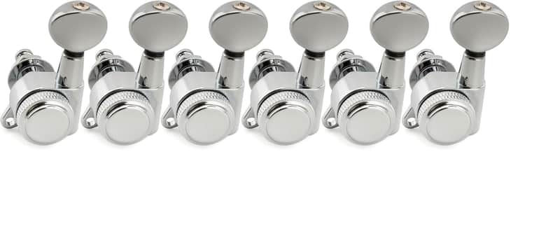 Left-Handed 6-in-line 18:1 Ratio Full Sealed Locking Machine Heads Tuners Tuning Pegs Keys with Button 45 Degree Screw for Electric Guitar, Chrome image 1