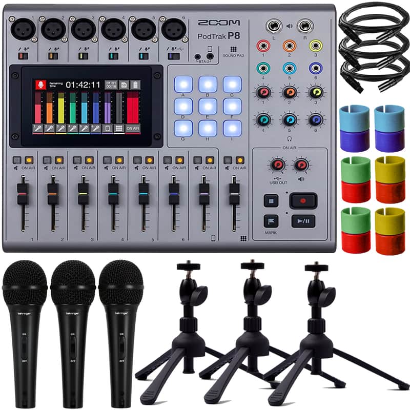 Zoom PodTrak P8 Portable Multitrack Podcast Recorder + Behringer XM1800S Dynamic Vocal & Instrument Microphone (3-pack) + 3x Zoom TPS-5 Tabletop Tripod Recorder Stand + 3x Pig Hog 8mm XLR Microphone Cable Male to Female + Zoom XLR-6c Color ID Rings image 1