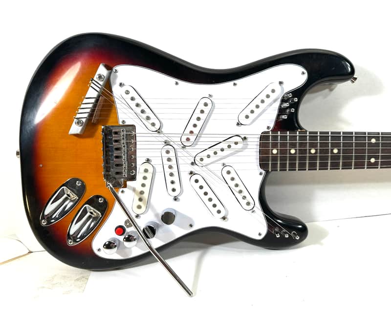 Awesomesauceguitars weirdo 14 string drone guitar with 8 pickups strat partscaster experimental noise guitar The Hot Mess 2025 - Sunburst image 1