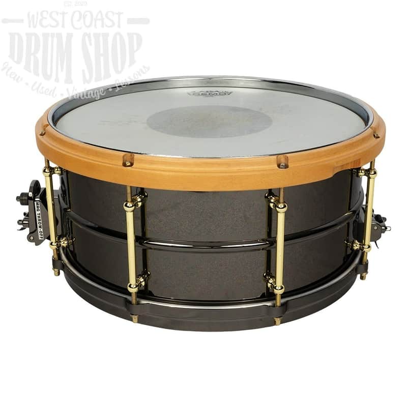 Used Reign 6.5x14 Black Bass Snare Drum with MetalWood Hoop image 1