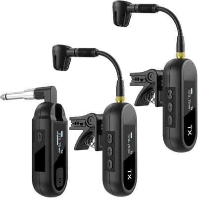 Wireless UHF Saxophone Microphone System, Clip Instrument Microphone Saxophone and Trumpet, preset EQ and Echo Level 100 feet Transmission image 1
