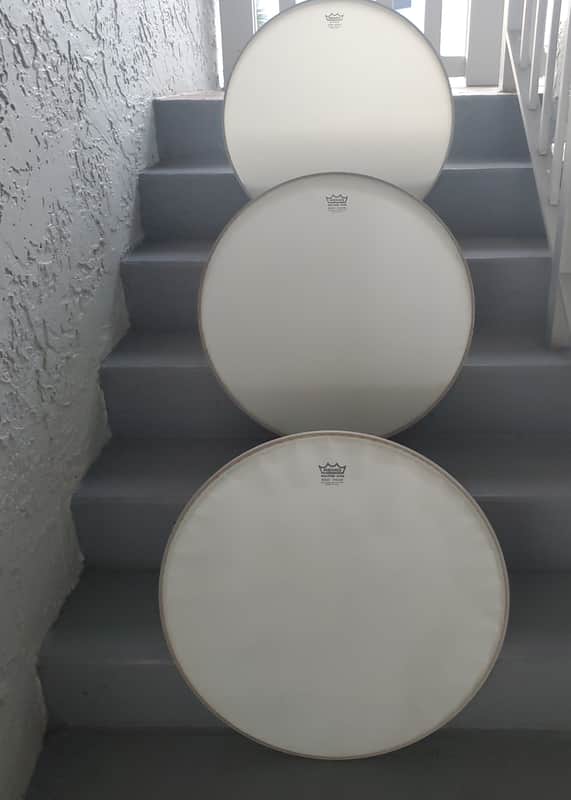*** JACKPOT! 3x REMO 24" 1960s 1970s 1980s NEW BASS DRUM HEADS (Three) WHITE COATED NOS UNSOLD VINTAGE DEALER Stock! * DIPLOMAT & AMBASSADOR & EMPEROR! image 1
