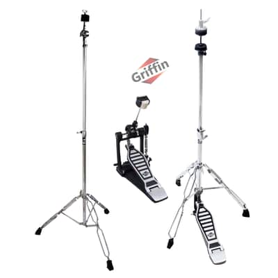 Hi-Hat Stand, Kick Drum Pedal & Straight Cymbal Stand Kit (3 Piece Set) by GRIFFIN | Deluxe Full-Size Percussion Chrome Hardware Set, Lightweight & Portable for Drummer Gigs image 1