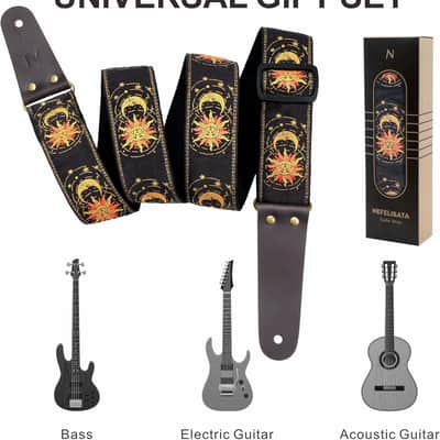 Sun & Moon Embroidered Guitar Strap w/ Leather Ends, Strap Locks & Picks for Acoustic Electric Bass Guitar image 3