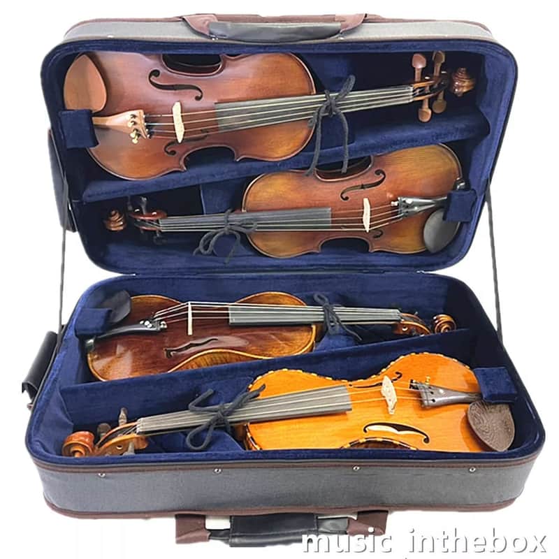 Pro Wooden 4/4 Quadruple Violin Case | Durable Dark Gray Case for 4 Full-Size Violins with Blue Interior & Carry Strap image 1