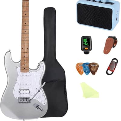 Electric Guitar Kit -39in Solid Body Starter Guitar Kit with Metallic finish, Guitar Case, Amplifier Gig Bag, Strings, Strap, Cable, Picks(Silver) image 1