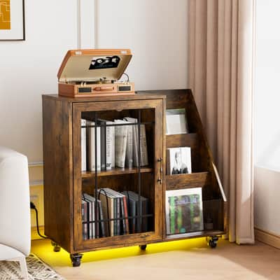 Record Player Stand – Holds Up to 300 Albums with Power Outlets, USB Ports & 7-Color LED Lighting image 2