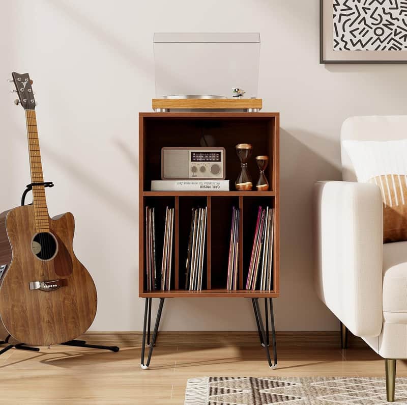 Record Player Stand w/ Charging Station Vinyl Storage Cabinet Turntable Table Holds 70-100 LPs Walnut image 1