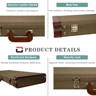 Crossrock Master Series - Wooden Jazzmaster/Jaguar Style Electric Guitar Case - Security Lock, Genuine Leather Handle, Reinforced Hardware, Metal Feet, Storage Space- Olive Green Tweed image 2