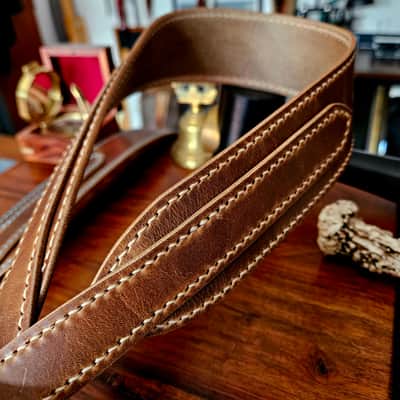 Hand Made, Hand Stitched Guitar strap "Rockatansky" in Taupe & Beige - Vegetable Tanned Leather image 11