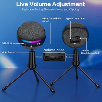 Podcast USB Microphone for PC/Mac/iPhone, Cardioid Condenser Mic with Noise Reduction, Tap-to-Mute, RGB Lighting, Zero Latency Monitoring, Volume Control for Gaming, Recording, YouTube image 2