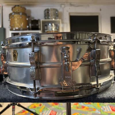1964 Brass Hoops Ludwig No. 404 Acrolite 5x14" 8-Lug Aluminum Snare Drum with Keystone Badge 1964 - Matte Aluminum image 2