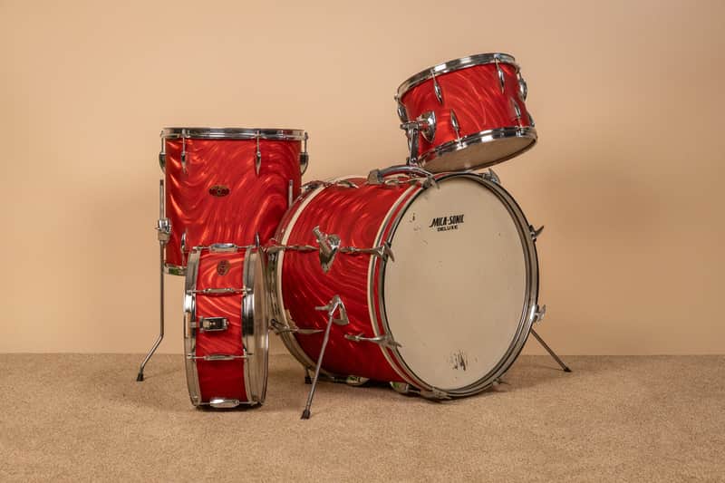 Vintage Mica-Sonic MIJ Red Satin Flame Drum Set image 1
