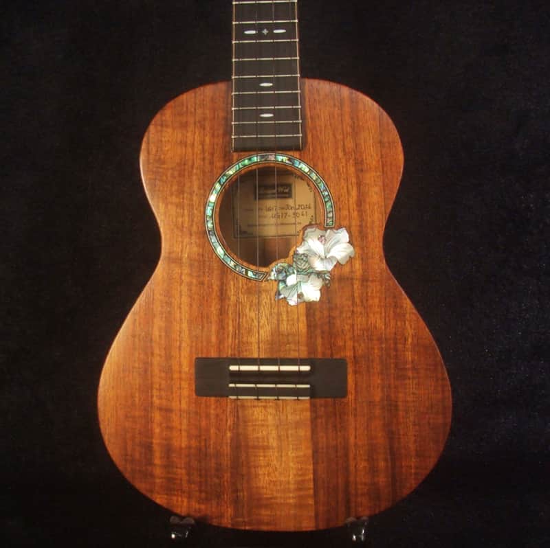 Handmade Thin Body Tenor Ukulele, Solid Hawaiian Koa, Hibiscus Soundhole, Inlay, Soft-bag Bruce Wei UG17-3061 image 1