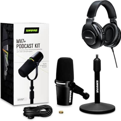 Shure MOTIV MV7 Dynamic Cardioid USB and XLR Podcast Microphone, Black, Podcast Kit with Manfrotto PIXI Mini Tripod & SRH440A Headphones image 1