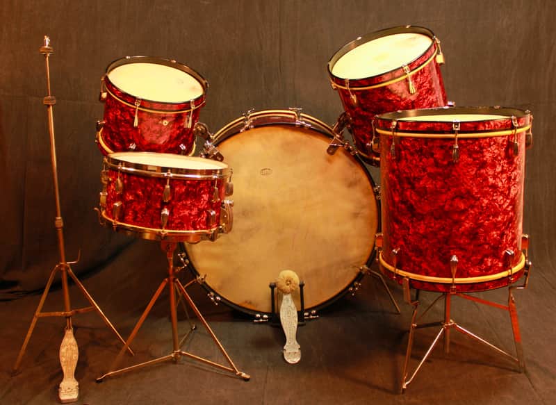 Slingerland*RED MARINE PEARL*28,13,14,16 Drum Set+Radio King Snare WW2 Wood Hoop image 1