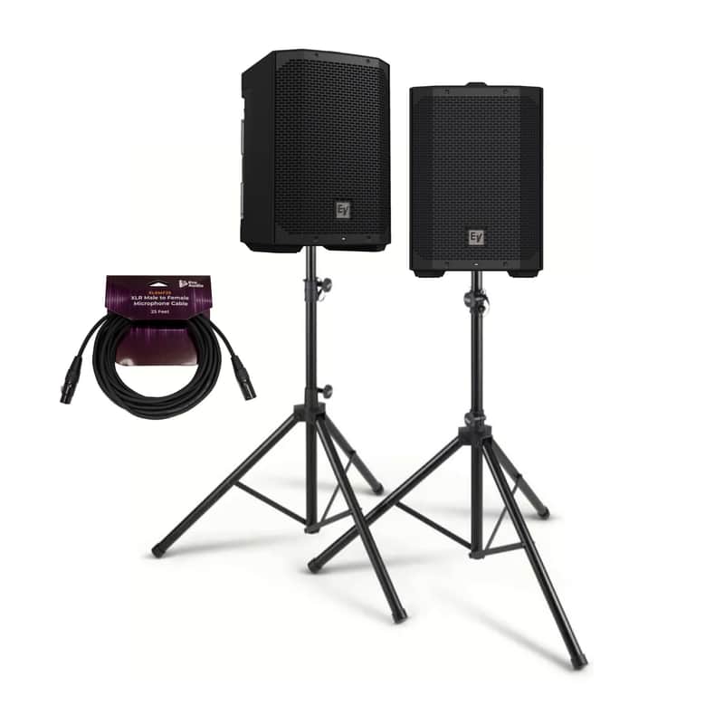 Electro-Voice EVERSE 8 8-Inch Compact 2-Way Battery Powered Loudspeaker (Black, 2-Pack) Bundle with Focus Pro Audio All-Aluminum Speaker Stand Pack and XLR Male to Female Microphone Cable image 1
