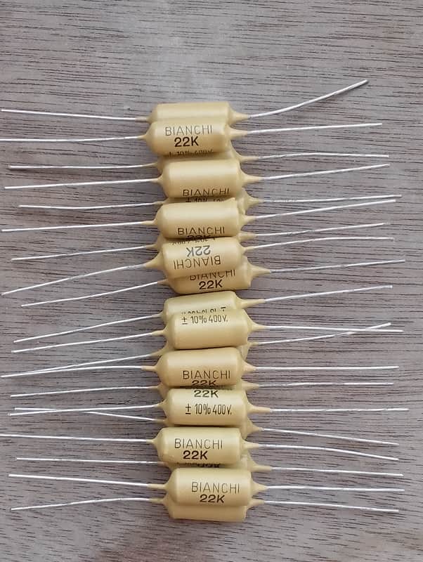 BIANCHI MUSTARD VINTAGE CAPACITORS 22nf/400V (NOS) `70s image 1