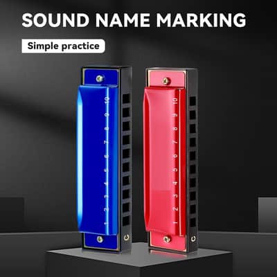 Harmonica (2pcs), Diatonic Set Key of C, Brass Reeds, Blue & Red, Modern Style, Polished Finish, Case Included | Premium Brass Reeds Polished Finish Mouth Organ, Complete Beginner Music Gift with Protective Storage Case image 3